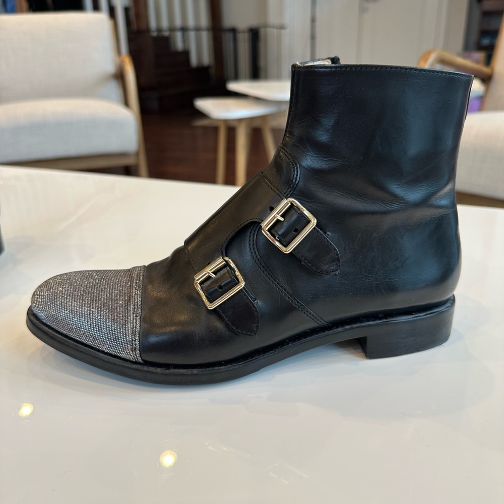 The Office Of Angela Scott Leather Boots Sparkle Toes Side Buckle Size 39